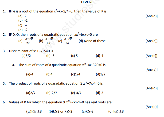 Cbse Class Mathematics Quadratic Equations Assignment Set J